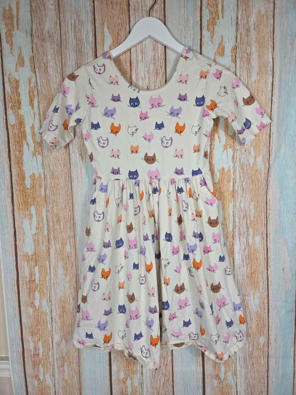 Quince Cream Dress with Multicolor Cat Faces. Organic Cotton. Size 12